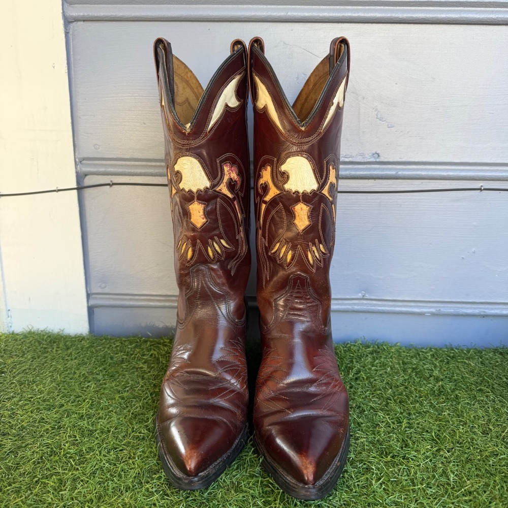 Vintage Eagle Inlay Leather Western Cowboy Boots Brown Mens 9.5 D Style 994